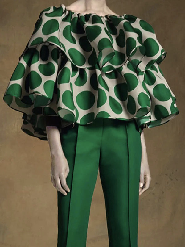 storexq Trendy Tops Loose Tiered Falbala Polka Dot Blouses&Shirts Tops