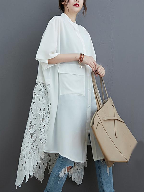 storexq Loose Split-Joint Hollow Solid Long Blouse