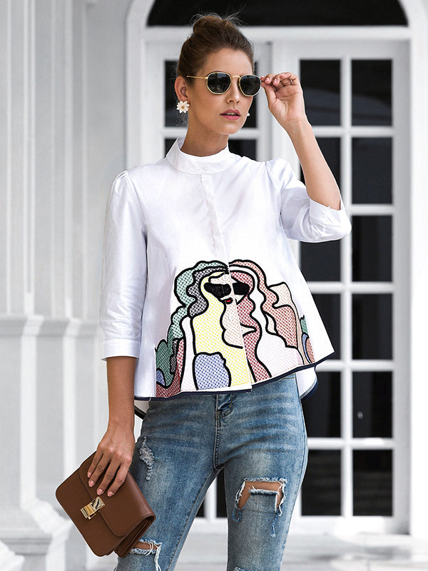 storexq Casual High-Low Loose Printed Stand Collar Blouses&Shirts Tops