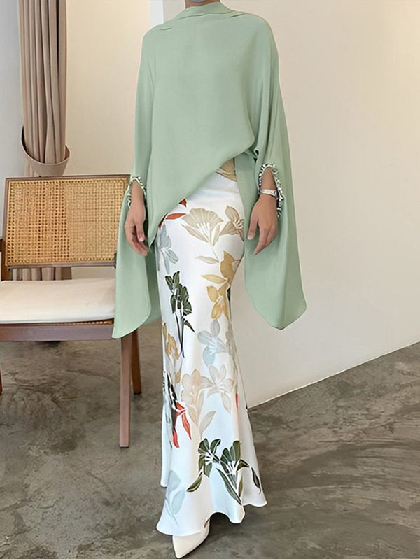 storexq Batwing Sleeves Irregular Clipping Solid Color Stand Collar Blouses&Shirts Tops