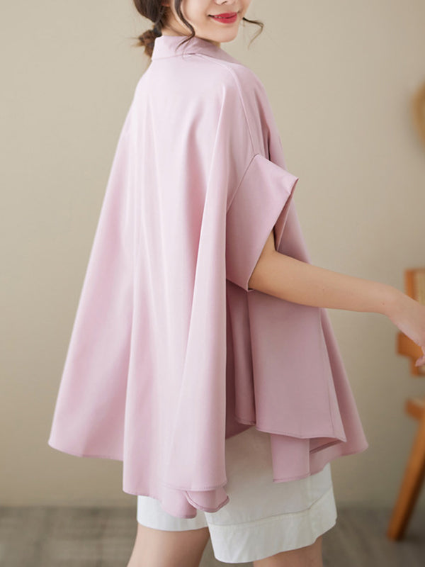 storexq Loose Short Sleeves Solid Color Lapel Shirts Tops