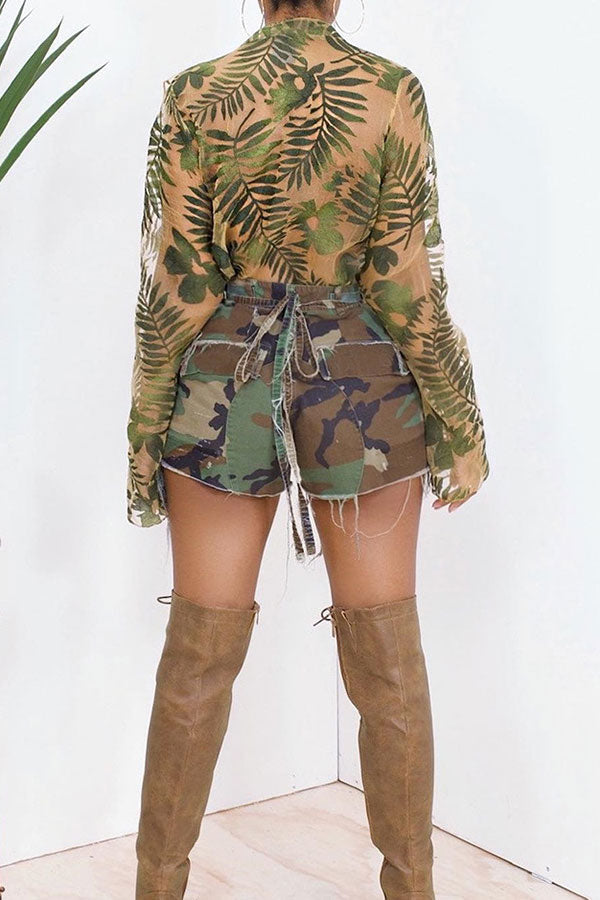 storexq Camouflage Sporty Ripped Lace-Up Shorts