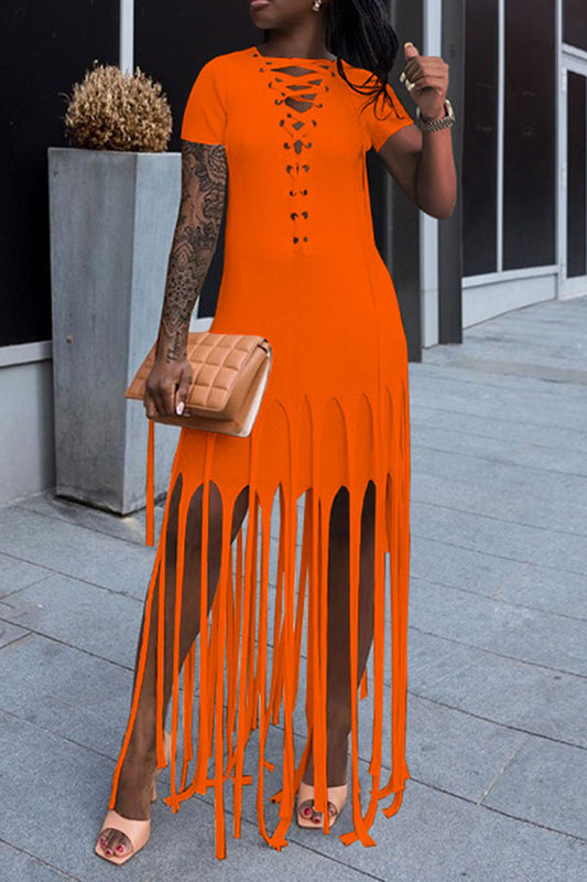 storexq Color Block Tassels Stylish Lace-Up Maxi Dress