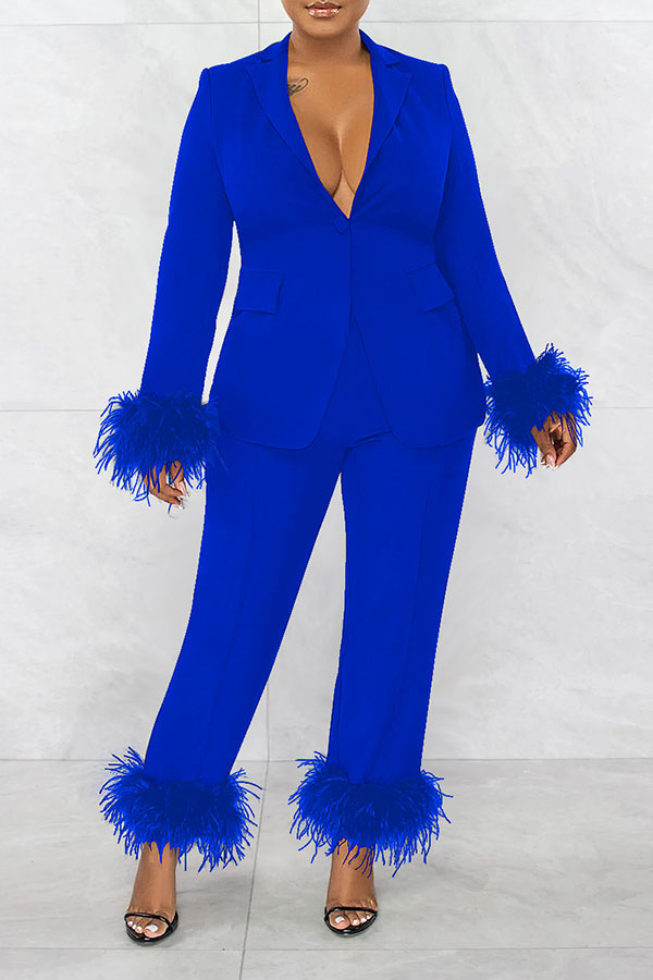 storexq Solid Color Glamorous Feather Trim Office Pant Suit