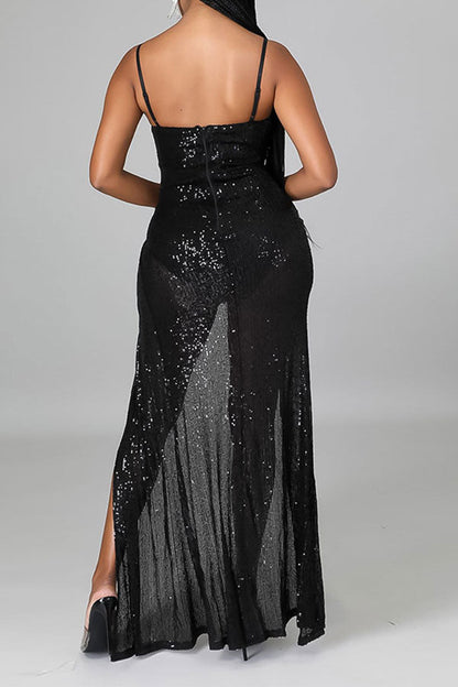 storexq Sequined High Split Elegant Irregular Maxi Dress