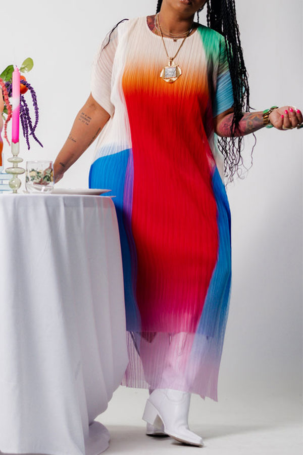 storexq Rainbow Pleated Modern Batwing Sleeve Midi Dress