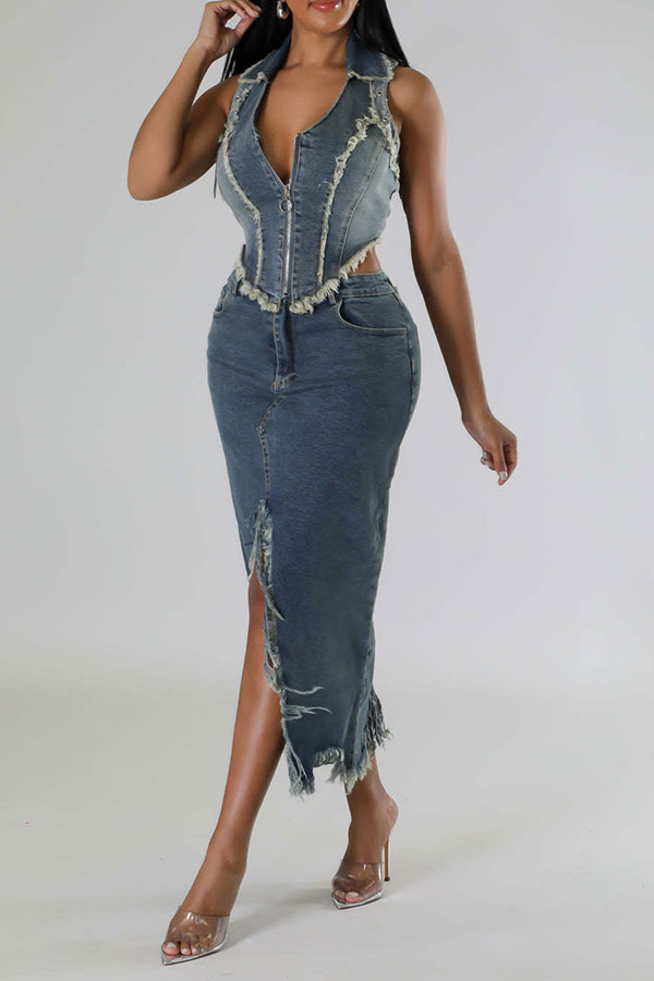 namcoverse Gradient Denim Burrs Trim Unique High Split Dress Suit