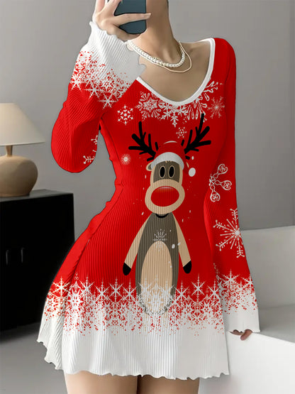 Women'S Christmas Reindeer Print Dress - V-Neck, Short Sleeve, A-Line Skirt, Polyester, No Bra Pad, Asymmetrical, All-Season Fashion Dress