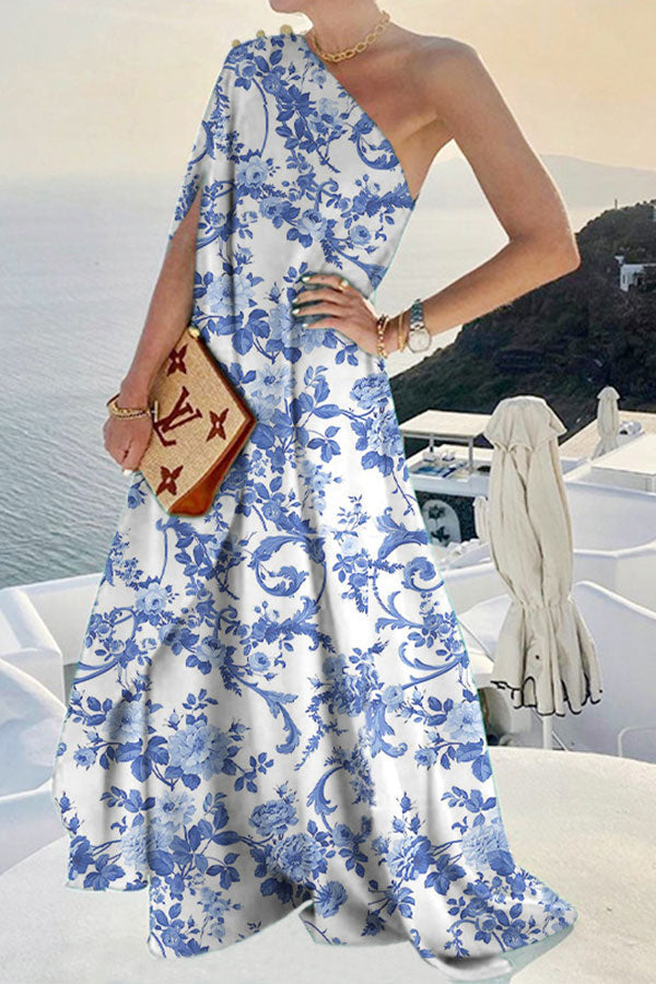 storexq Solid Color Chic One Shoulder Flowy Maxi Dress