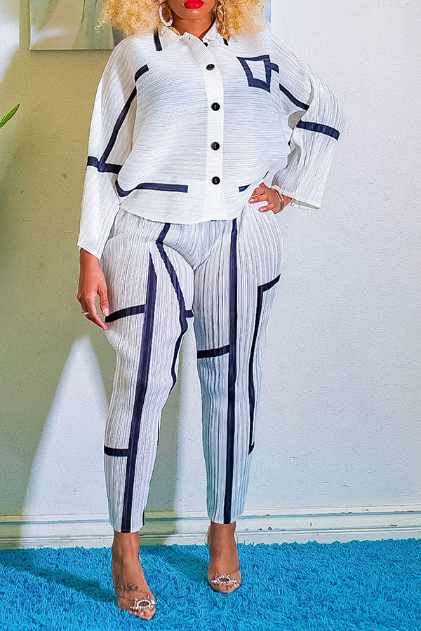 storexq Striped Patchwork Modern Pleated Pant Suit