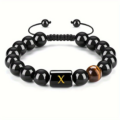 1pc Stunning 26-Letter 10MM Synthetic Stone Bead Adjustable Rope Chain Woven Bracelet - Fashionable Accessory for Men and Women - Ideal Gift for Friends and Family - Durable and Comfortable to Wear