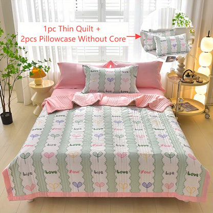 3pcs Luxurious Skin-Friendly Floral Quilt Set - Soft, Breathable, and Comfortable for All Seasons - Ideal for Single, Double, Hotel, Home, Bedroom, Guest Room, and Sofa with 1 Thin Quilt and 2 Pillowcases