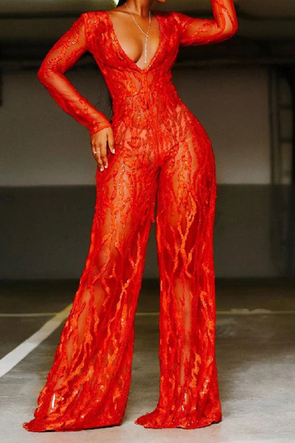 storexq Red Floral Lace V Neck Unique See-Through Wide Leg Jumpsuit