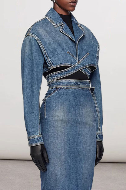 storexq Blue Denim Unique Criss Cross Strappy Jacket