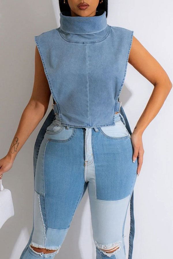 storexq Solid Color Hot Buckled Denim Camisole