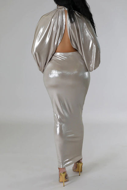 storexq Metallic Glistening High Split Irregular Skirt Suit