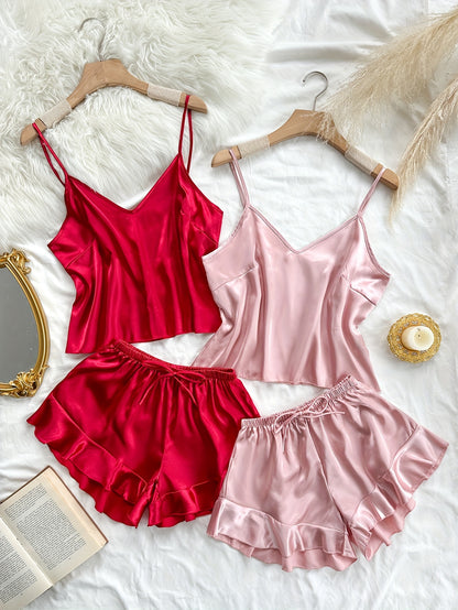 2 Sets | Luxurious Womens Satin Pajama Set - Flirty V-Neck Camisole with Adjustable Straps & Ruffled Shorts - Elegant, Year-Round Sleepwear for a Chic Nights Rest