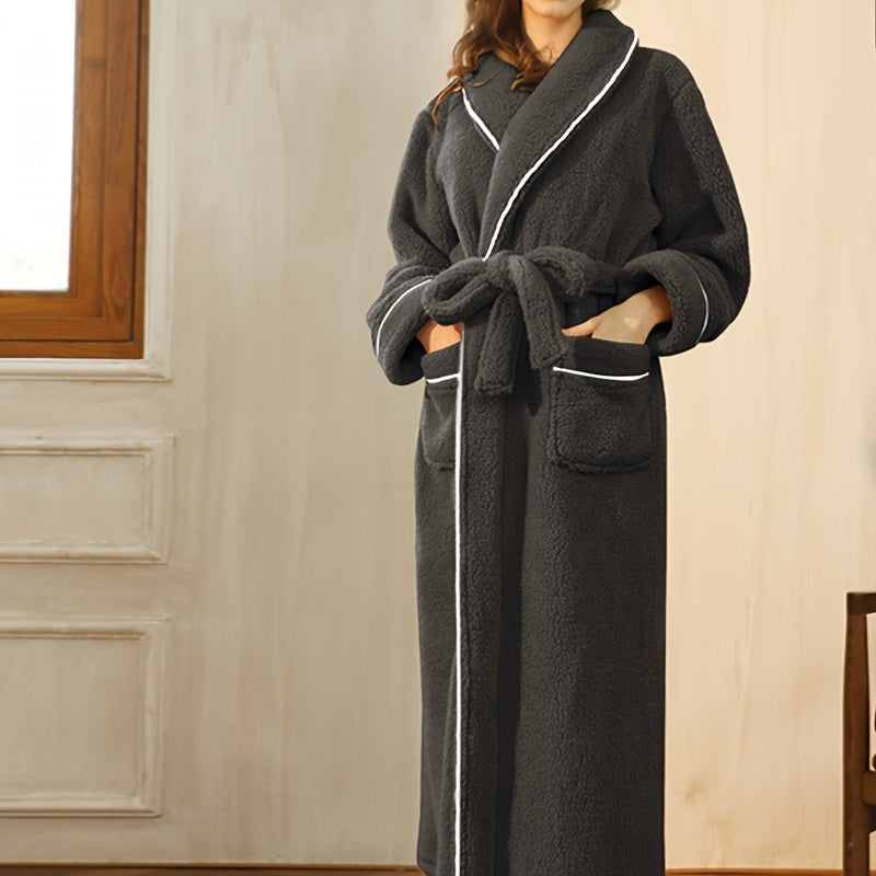 1pc Luxurious Autumn Winter Bathrobe - Plush Unisex Pajamas, Extra Thickened & Warm, Large Size Long Sleeve Robe with Handy Pockets - Ultimate Cozy Home Wear for Indoor Comfort, Essential Bathroom Supplies