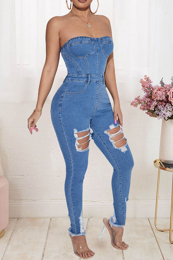 storexq Solid Color Stylish Ripped Burrs Denim Jumpsuit