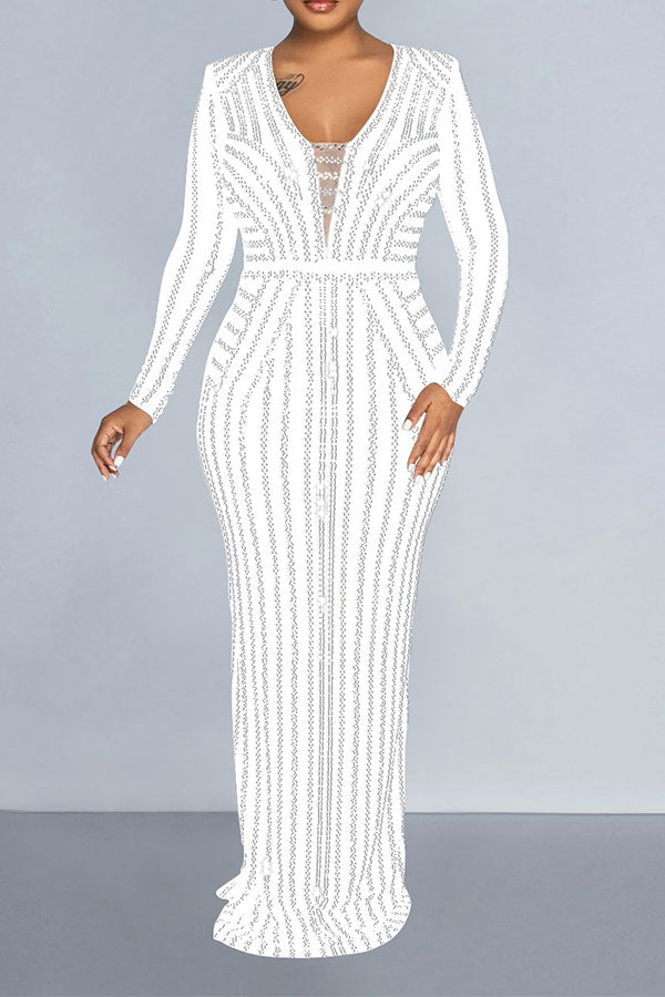 namcoverse Striped Rhinestone Glittery Slit Back Maxi Dress