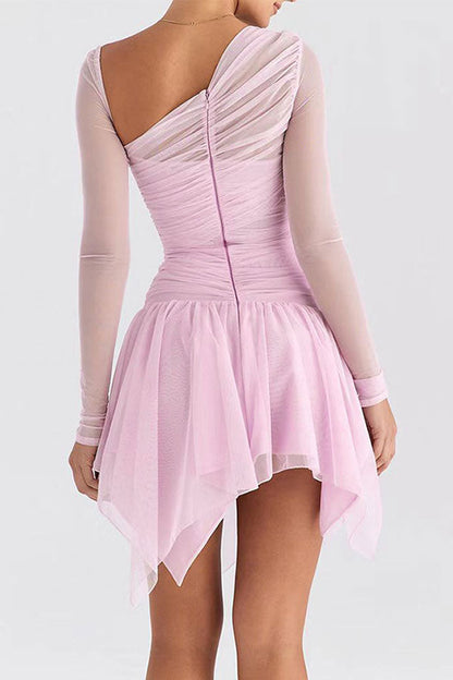 storexq Solid Color Ruched Unique Irregular Mini Dress