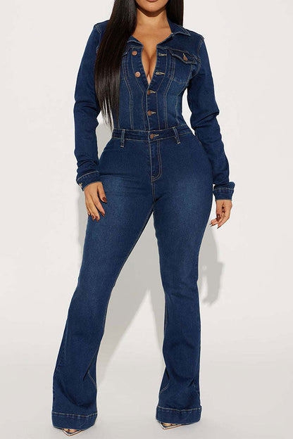 storexq Washed Denim Feminine Micro Flared Jumpsuit