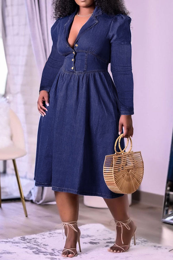 namcoverse Solid Color Casual Denim Midi Dress