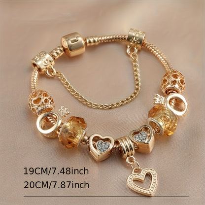 1PC Luxurious Gold-Plated Alloy Bracelet for Women | DIY Color-Protected Beaded Charms | Fashionable Love Charm Bracelet | Valentine's Day Gift Idea | Includes Elegant Gift Box | Premium Jewelry Accessory