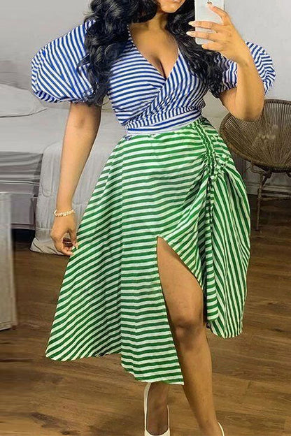 storexq Striped Girly Drawstring Irregular Dress Suit