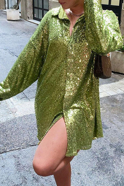 namcoverse Sequined Lapel Sparkly Button Down Mini Dress