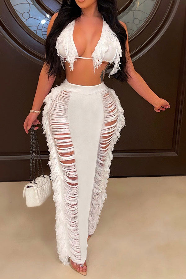 namcoverse Solid Color Ripped On-trend Tassel Dress Suit