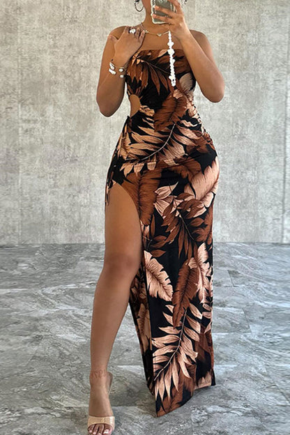 storexq Leaf Print Smart Cut Out High Split Bandeau Maxi Dress