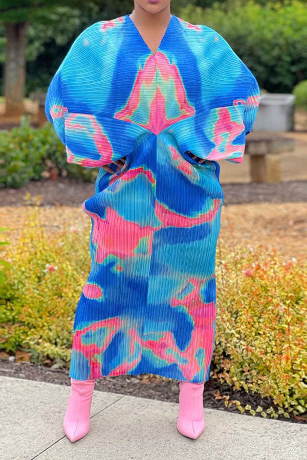 storexq Tie Dye Colorful Batwing Sleeve Midi Dress