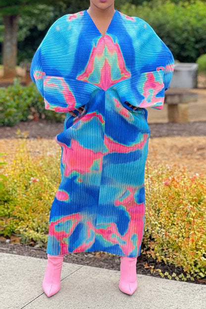 storexq Tie Dye Colorful Batwing Sleeve Midi Dress