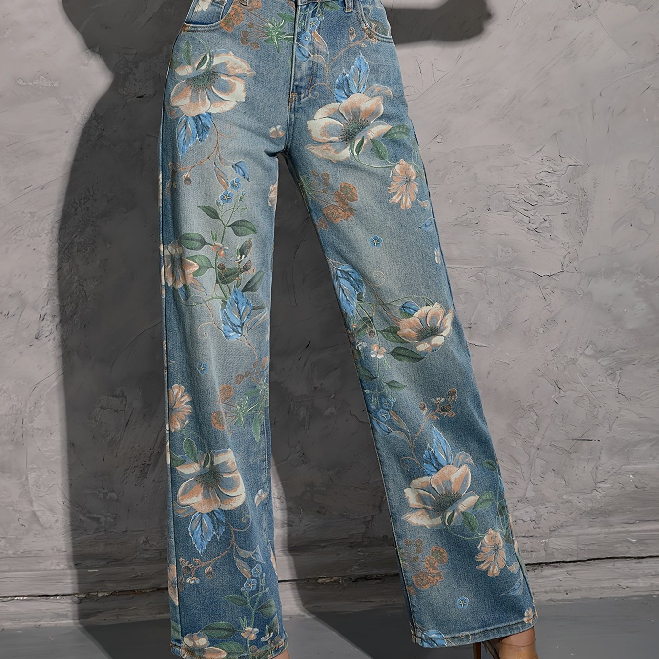 Fashionable Womens Floral Print Jeans - Loose Fit, Distressed Denim, Practical Pockets, Casual Straight Leg Pants for Everyday Style