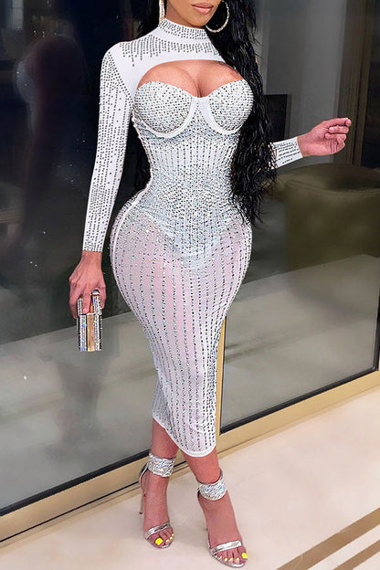 namcoverse Rhinestone Cutout Party See-Through Bodycon Midi Dress