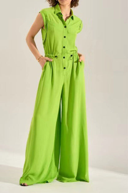 storexq Solid Color Commuting Drawstring Wide Leg Jumpsuit