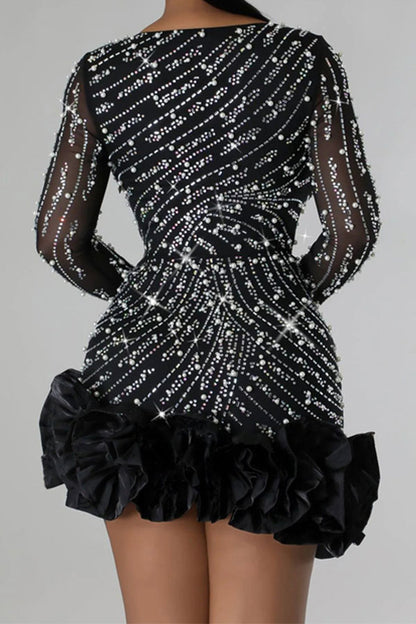 namcoverse Rhinestone & Beaded Decor Elegant Ruffled Mini Dress