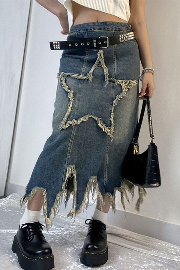 storexq Star Applique Tassel Chic Irregular Denim Skirt