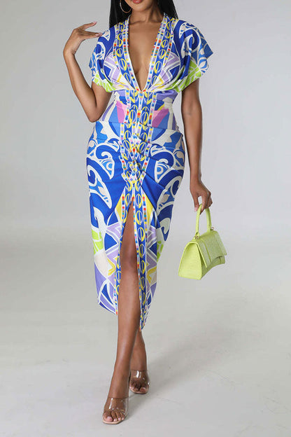 storexq Tribal Print Feminine Draped High Split Midi Dress