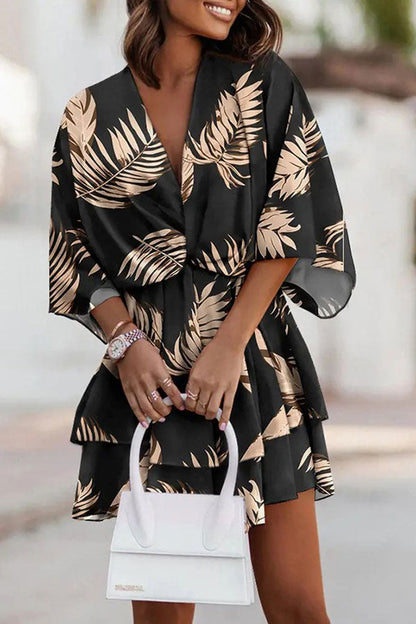 storexq Graphic Print On-trend Twisted Detail Layered Ruffle Mini Dress