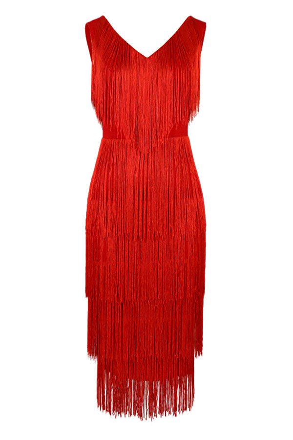 storexq Red Retro Split Back Tassel Tiered Midi Dress