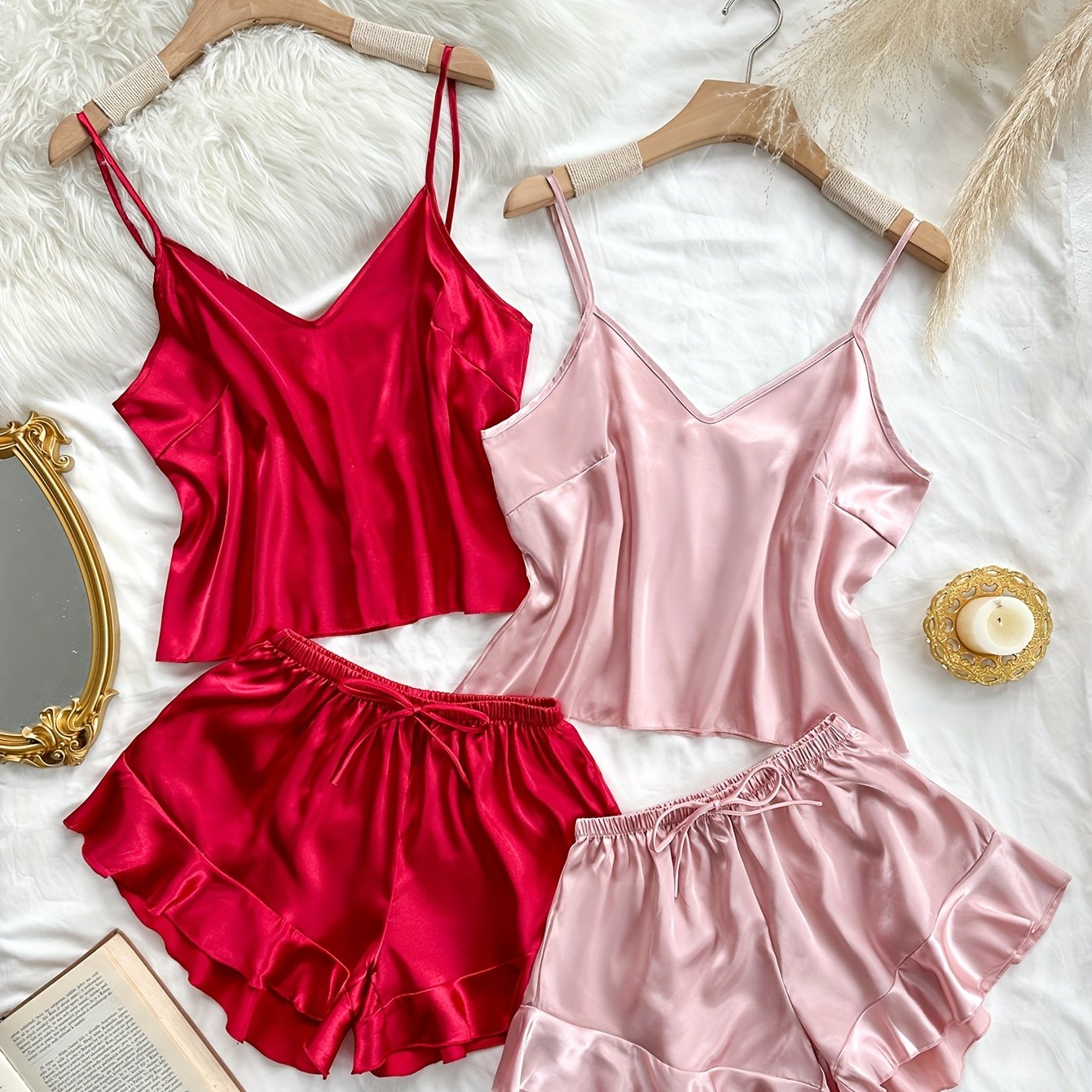 2 Sets | Luxurious Womens Satin Pajama Set - Flirty V-Neck Camisole with Adjustable Straps & Ruffled Shorts - Elegant, Year-Round Sleepwear for a Chic Nights Rest