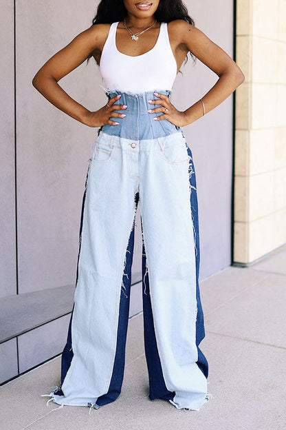 storexq Patchwork High Waist Unique Wide-legged Jeans