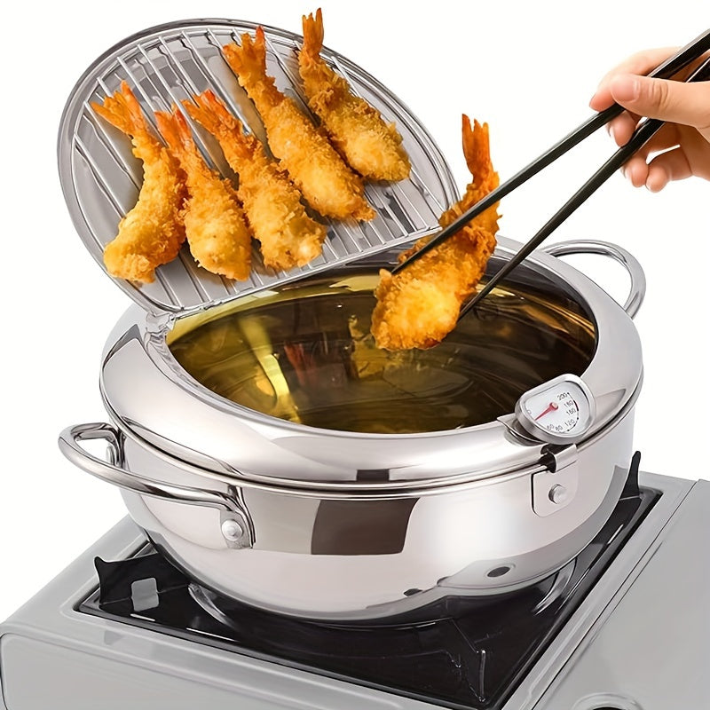 1pc Jumi Japanese Tempura Deep Fryer, Stainless Steel Frying Pan with Thermometer, Perfect for Frying Beef Patties, Sesame Fry Bag, and Fried Chicken Willow