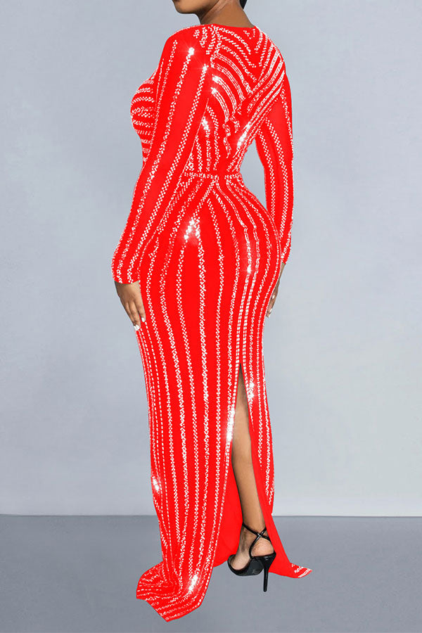 namcoverse Striped Rhinestone Glittery Slit Back Maxi Dress