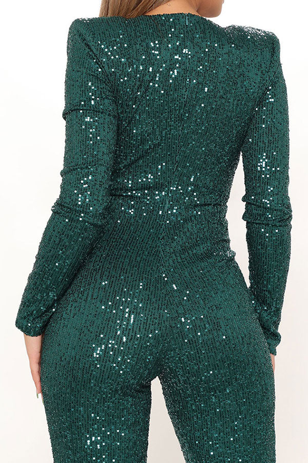 storexq Sequined Glittery Deep V Neck Jumpsuit