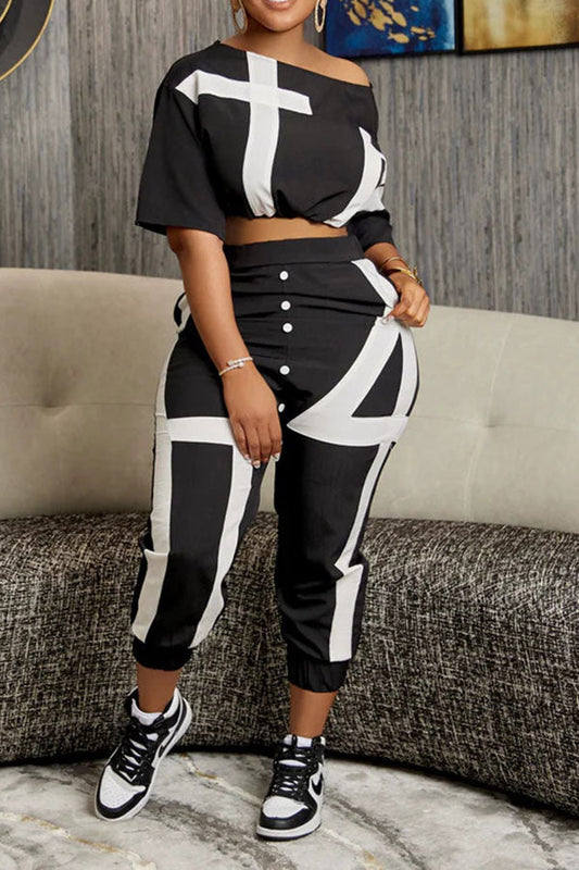 storexq Color Block Patchwork Casual Pant Suit