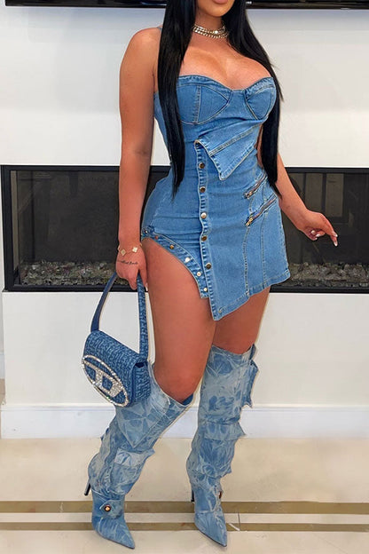 namcoverse Blue Denim Flattering Metal Decor Irregular Mini Dress