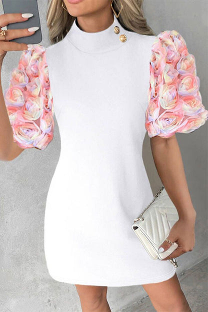 storexq Patchwork 3D Rose Decor Puff Sleeve Luxe Mini Dress